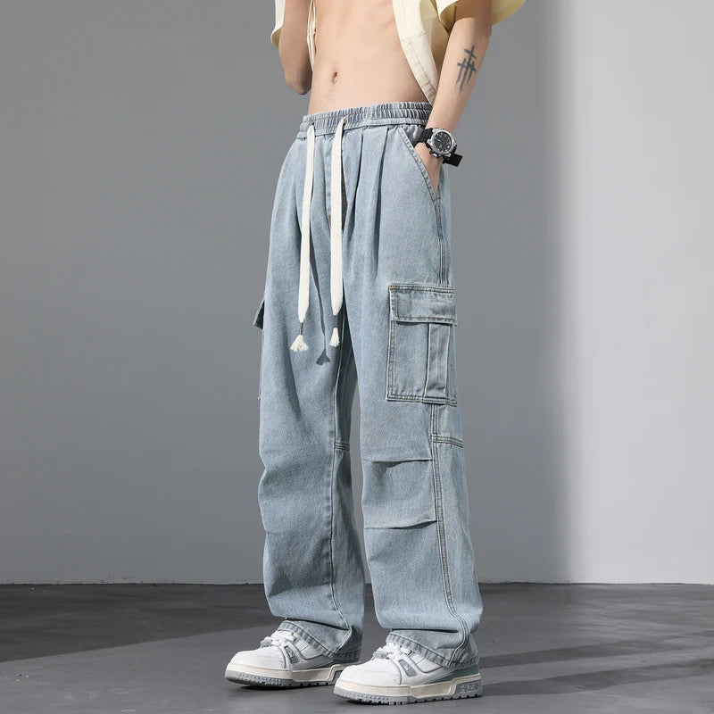Large Pocket Baggy Jeans Men's 2025 New Spring Classic Straight Denim Trousers Street Y2K Elastic Waist Casual Cargo Pants