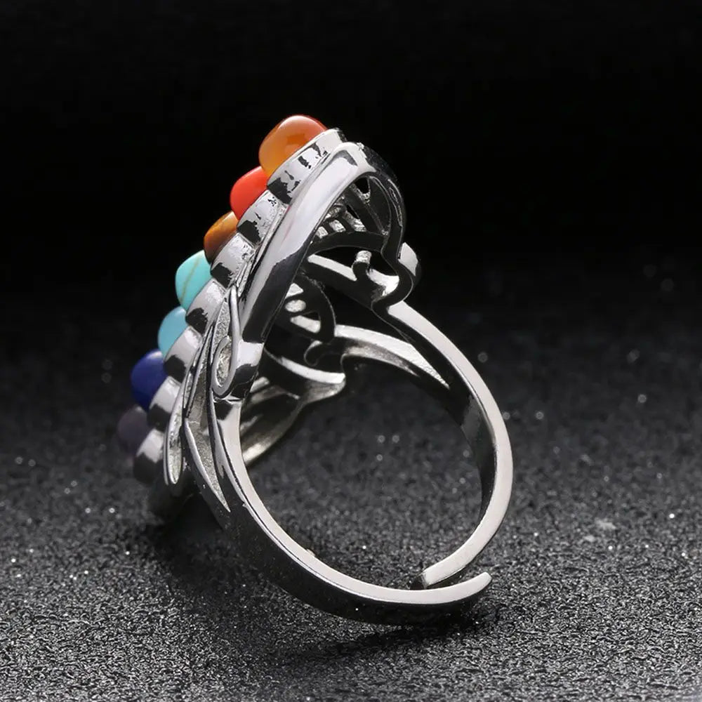 7 Chakra Stone Bead Finger Rings Silver Plated Hollow Flower Adjustable Ring Reiki Balance Meditation Healing Gem Ring Jewelry