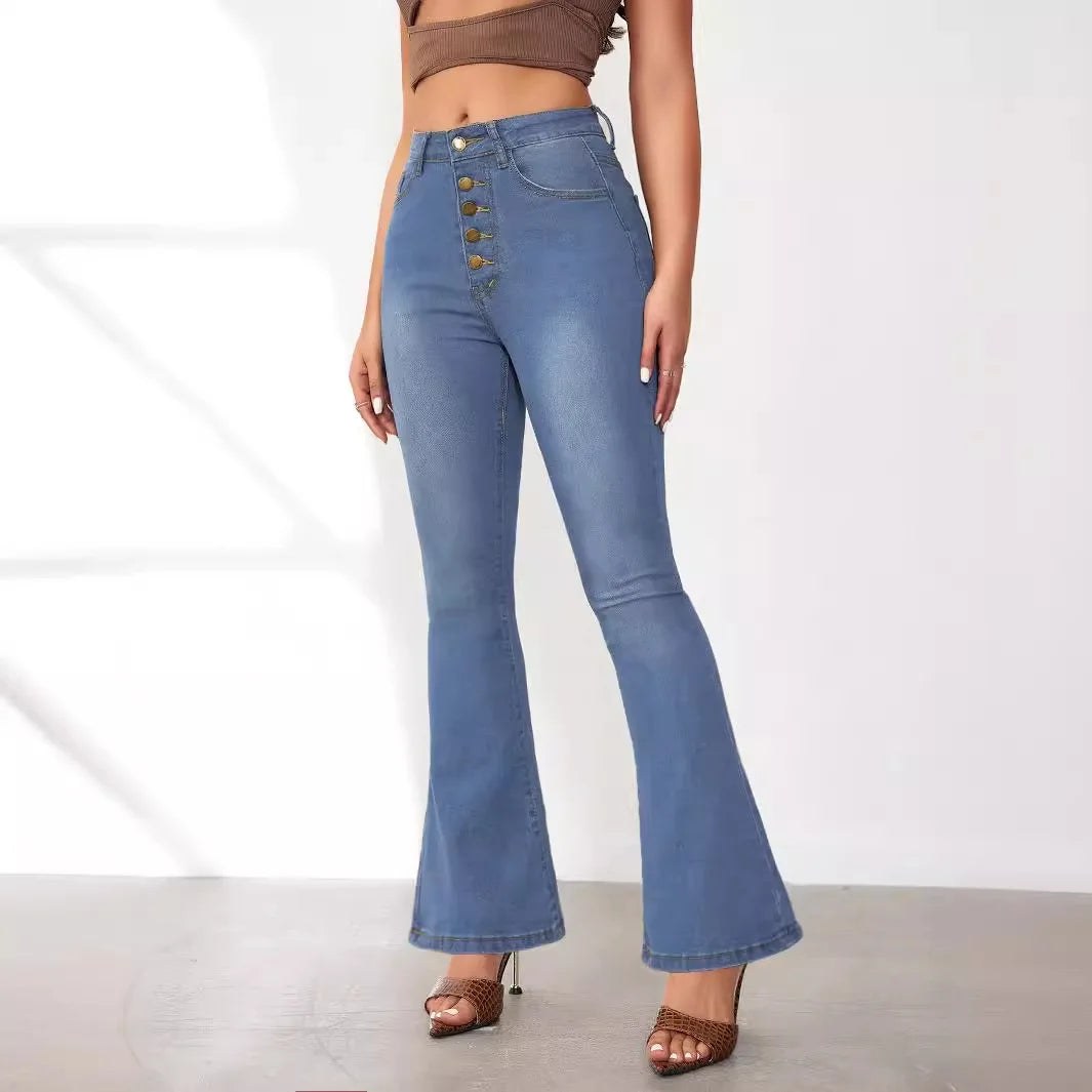 Fashionable Buckle Design Slim-fitting Micro Flared Jeans. Four Seasons New Simple Comfortable Elastic High-waisted Jeans Women