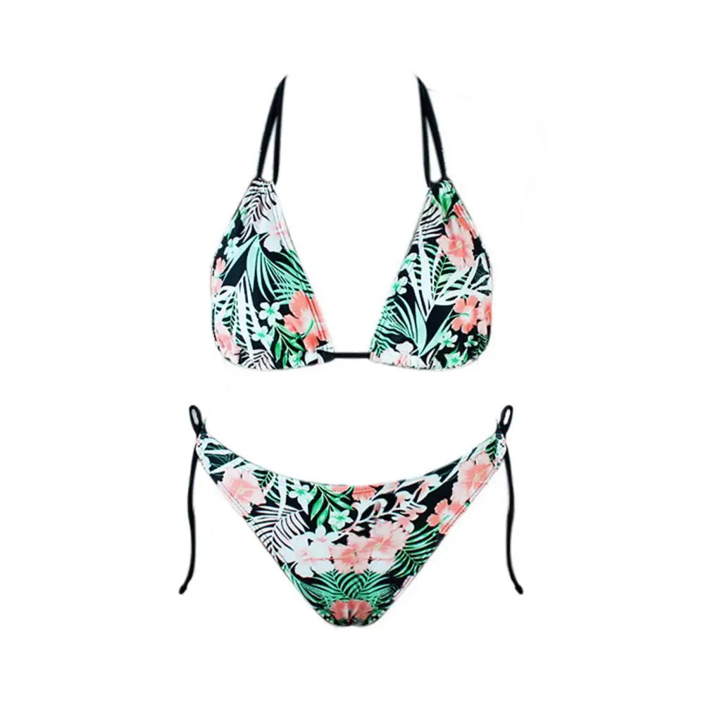 1 Set Women Swimsuit Padded Three-point Stretchy Beautiful Floral Print Bikini Set for Swimming Pool