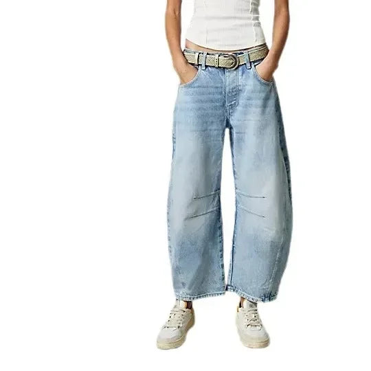 Women Loose Mid Waist Jeans Denim Full Length Pants Sexy Fashion Solid Color Trousers Denim Pockets Bleached