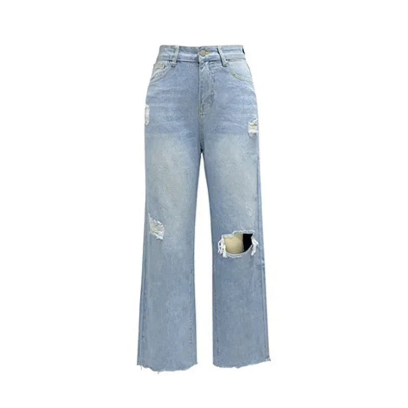 Women Knee Broken Holes Trend Straight Jeans Fashion Comfortable Casual High Waist Denim Pants Female Loose Wide Leg Trousers 24