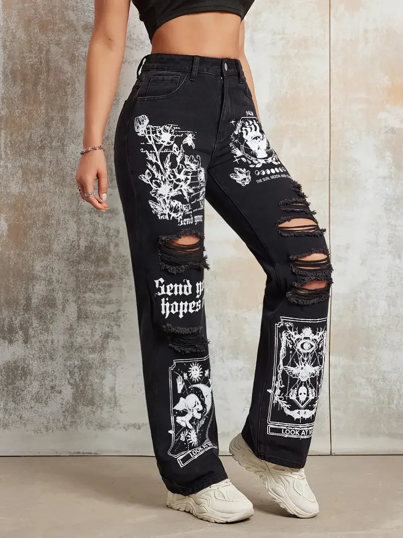 2025 New Style Women's Jeans Women's Spring And Autumn New Hot Selling Street INS Same Style Print Ripped Straight Jeans