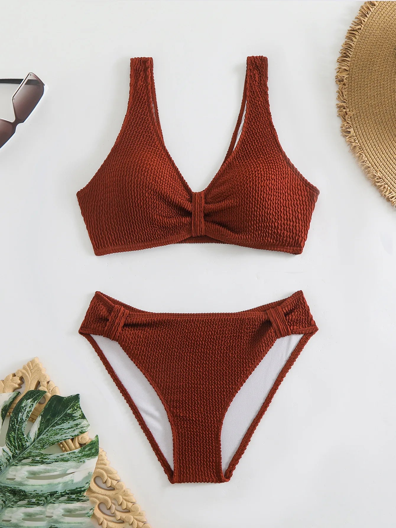 Summer New Women's 2 Piece Swimsuit Solid Color High Waist Bikini Set V-neck Backless Beach Vacation Bathing Suit Swimwear