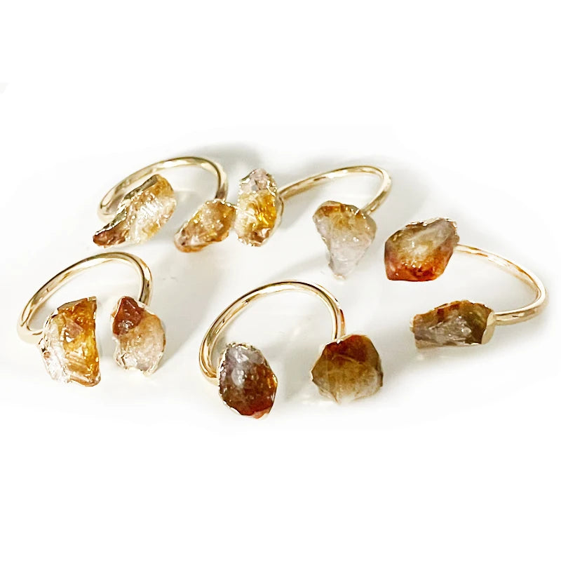 Irregular Citrine Rough Stone Open Ring for Women Girls Golden Handmade Finger Energy Jewelry Adjustable Size