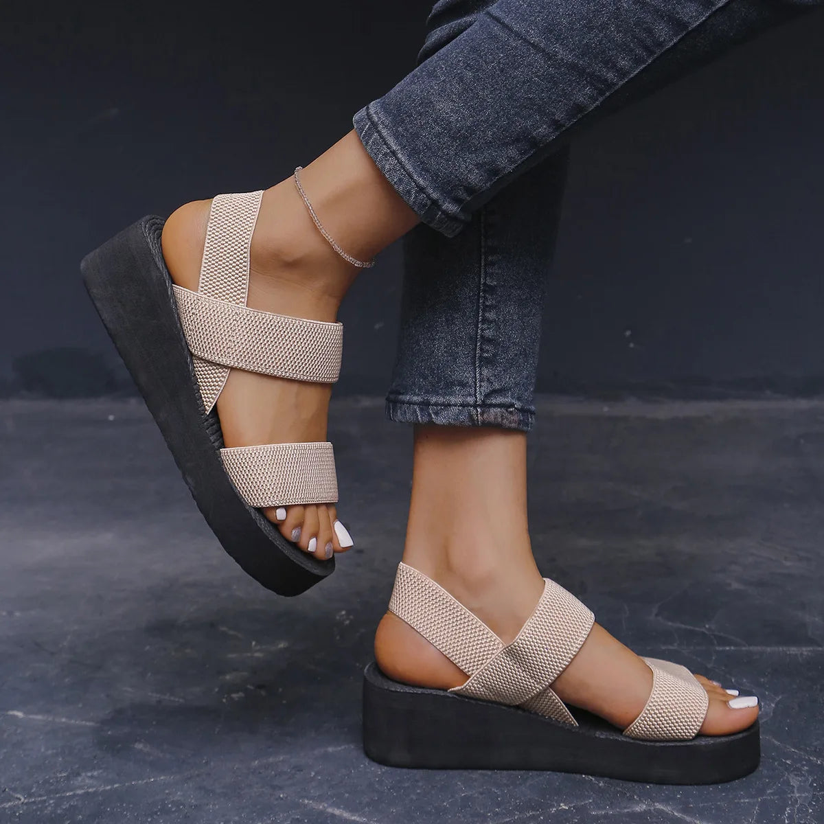 1pair Women's Minimalist Wedge Sandals Open Toe Thick Soled Platform Casual Sandals Ankle Strap Slingback Sandalias Solid Color