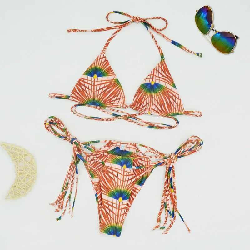 Triangle Bikinis Set Bandage Swimwear Women's Two-Piece Swimsuit Sexy Bathing Suit Floral Printed Biquini Micro Thongs Beachwear
