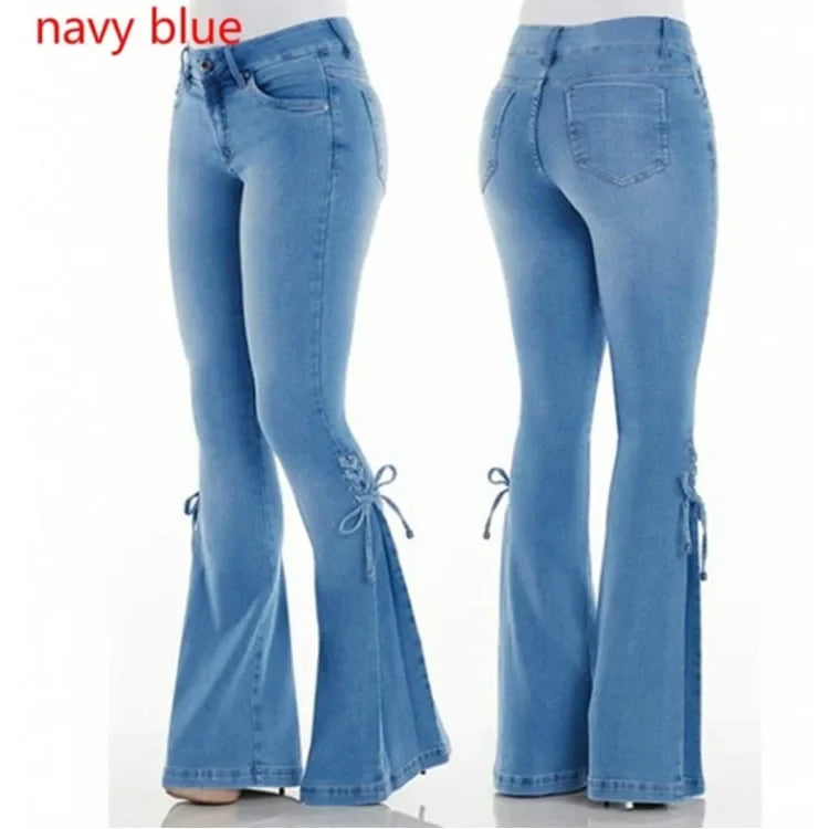 Full Length Flare Pants Women Jean Washed Denim Pants Zipper Fly Loose Fit Pockets High Waist Basics Lace Up Vintage Solid