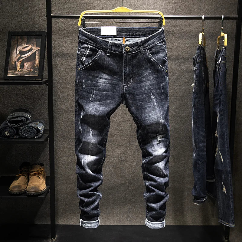 New Ripped Jeans Men Slim-fit Denim Pants Cotton Korean Style Fashion Elasticity Versatile Blue Black Men's Clothing