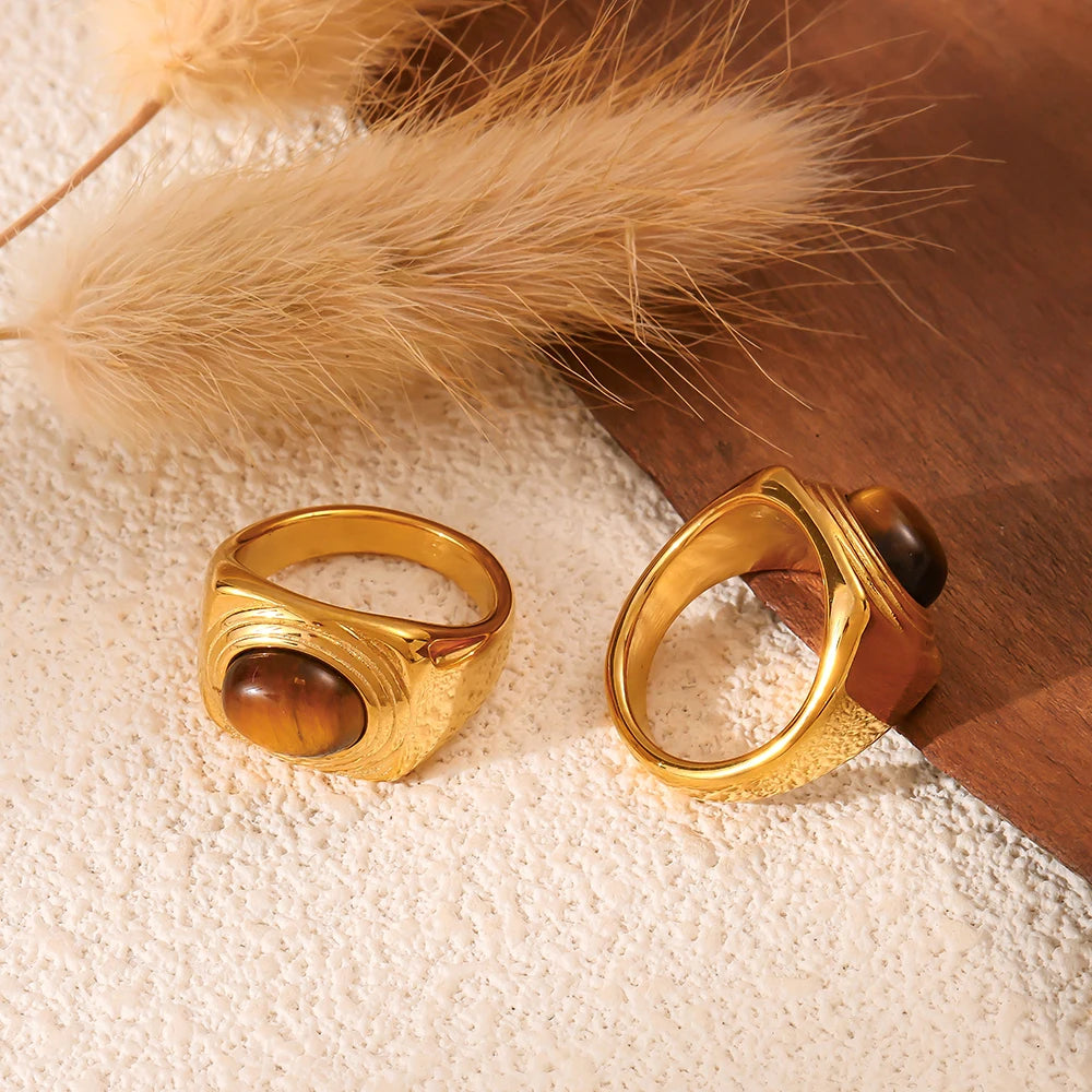 Nivora Stainless Steel Vintage Rings For Women Shiny Tiger's Eye Stone Cocktail Rings Women No Tarnish Jewelry Gifts