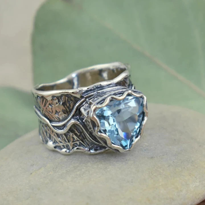 Retro Handmade Silver Plated Crystal Geometry Rings for Female Blue Stone Ring Bohemian Charm Women Wedding Engagement Jewelry