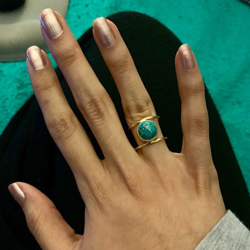 New Bohemian Large Round Turquoise Stone Rings for Women Vintage Double Layer Ring Retro Party Jewelry Boho Band Ring