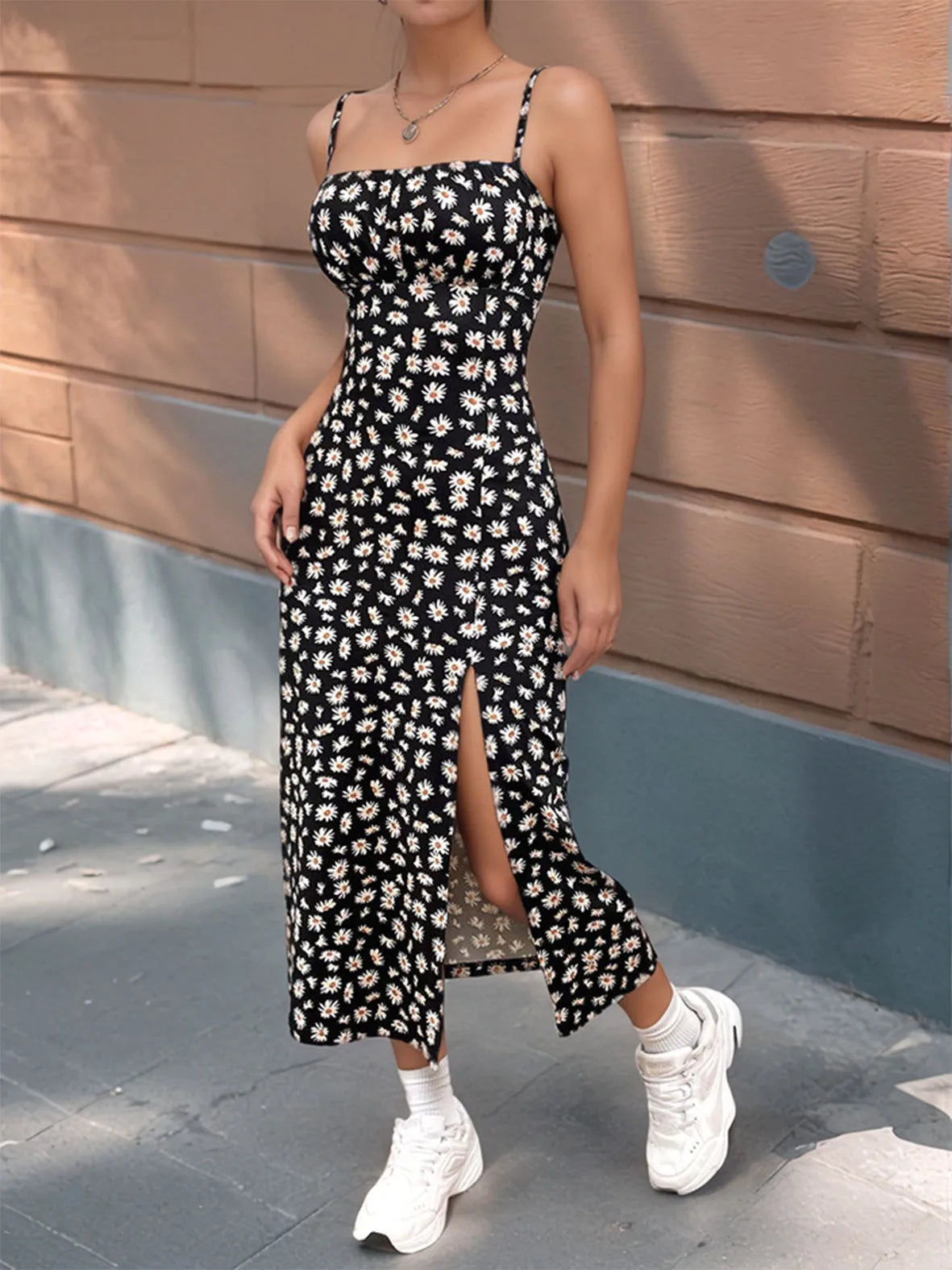 2025 Women Floral Print Dress Sleeveless High Slit Bodycon Midi Sundress French Vintage Style for Beach Date Night Office Party