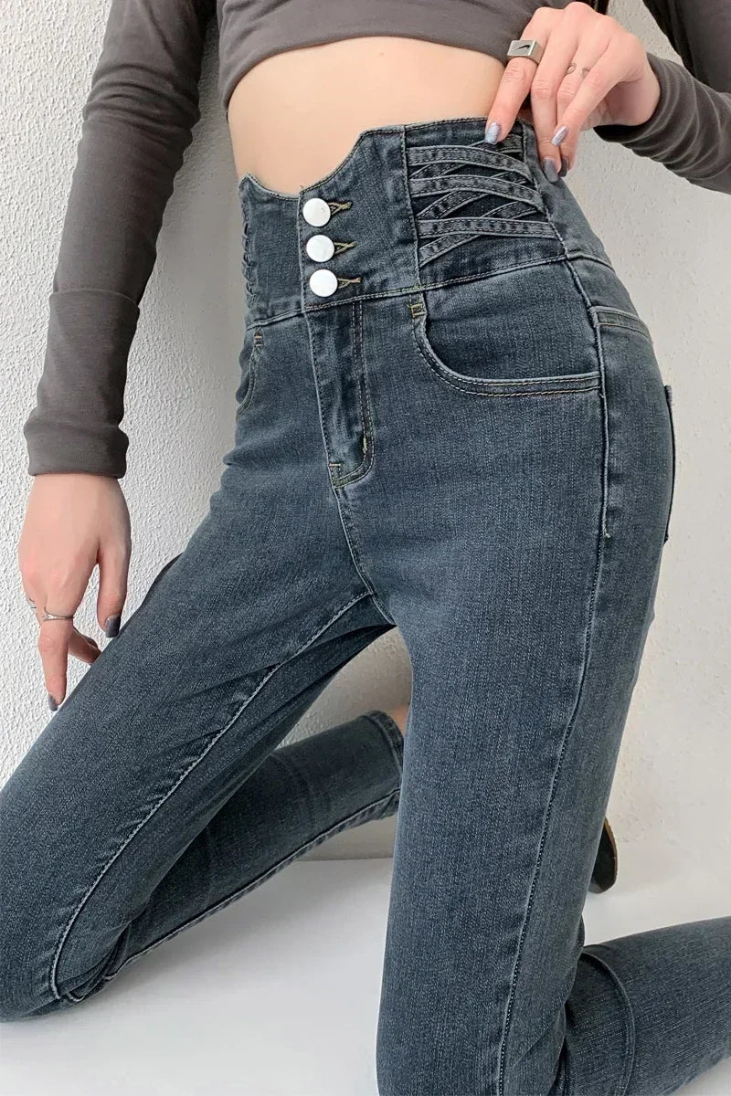 Skinny Pencil Y2K Jeans Four Buttons Vintage High Waist Women Slim Stretch Denim Pants Tight Trousers 2025 Women's Denim Pants