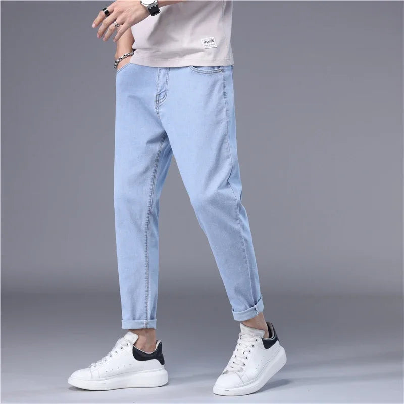 Summer Thin Men's Jeans Korean Style Blue Black Solid Color Stretch Straight Stylish Slim Fit Foot Denim Cropped Pants Male