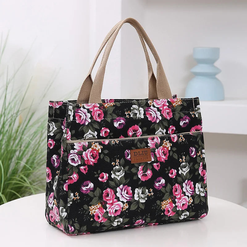 Fashion Floral Print Tote Bag, Portable Canvas Lunch Bag, Women's Casual Handbag & Bento Mommy Bag For Picnic Travel