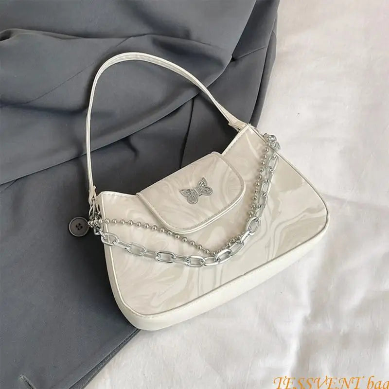 Fashionable Handbag Retro PU Leather Shoulder Bag with Butterfly Designs for Women Korean Solid Color Underarm Purse F42A