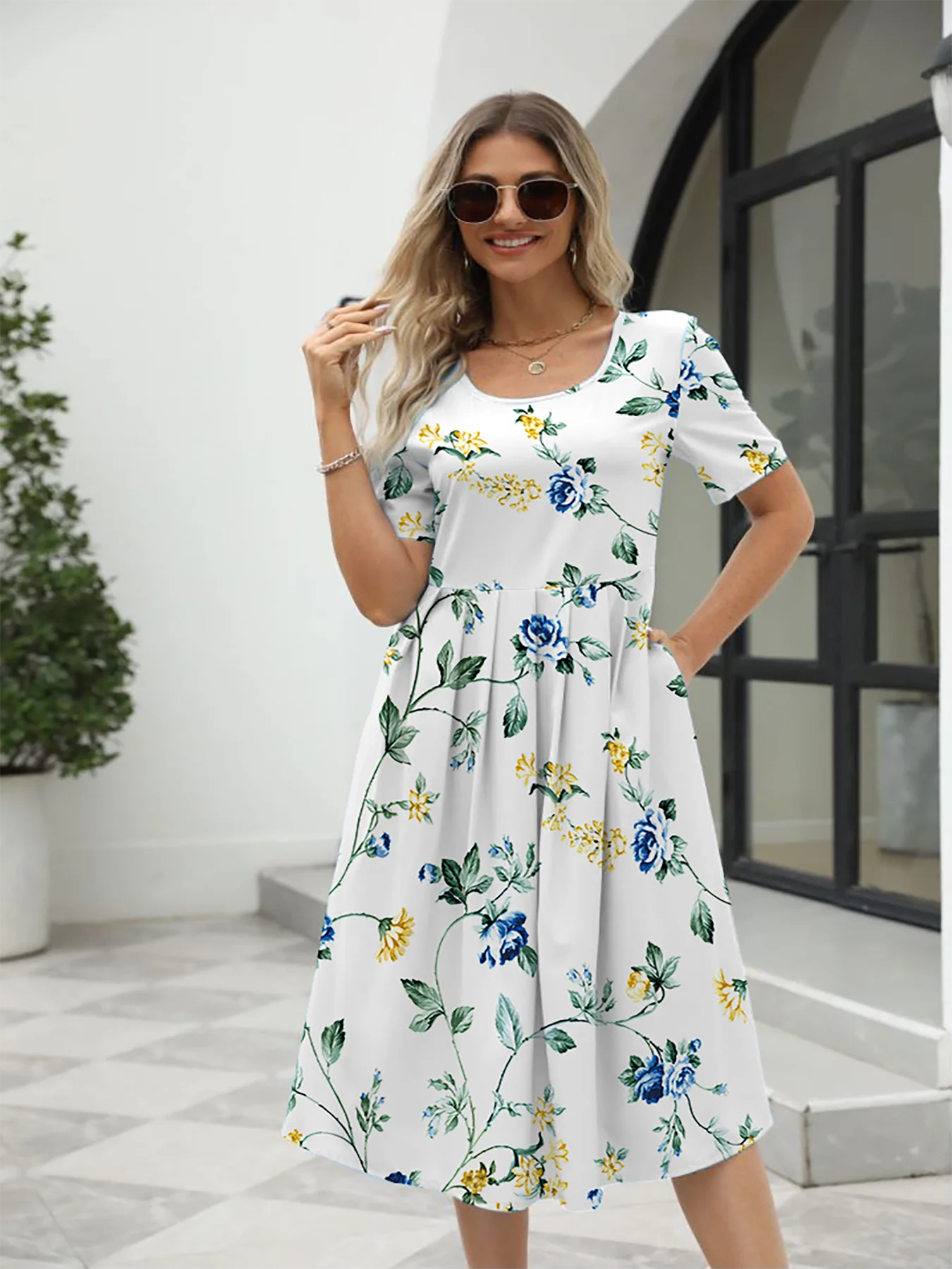 2025 summer new! Ladies fashion elegant printed crew neck short sleeve zipper dress for EU-USA summer