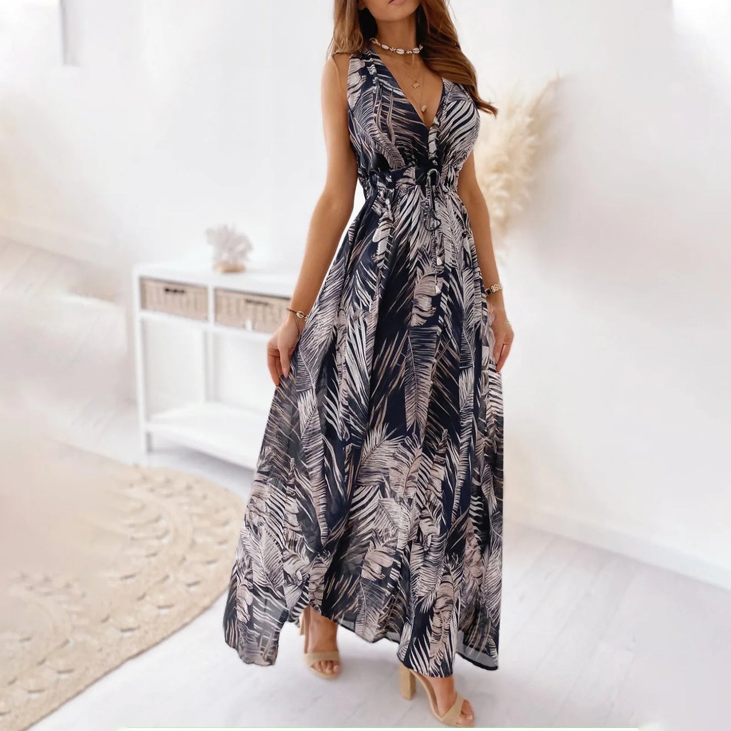 Summer Women Chiffon Floral Long Dress French Style Short Sleeve Elastic A-line Dresses Summer Bohemian Print Beach Dress