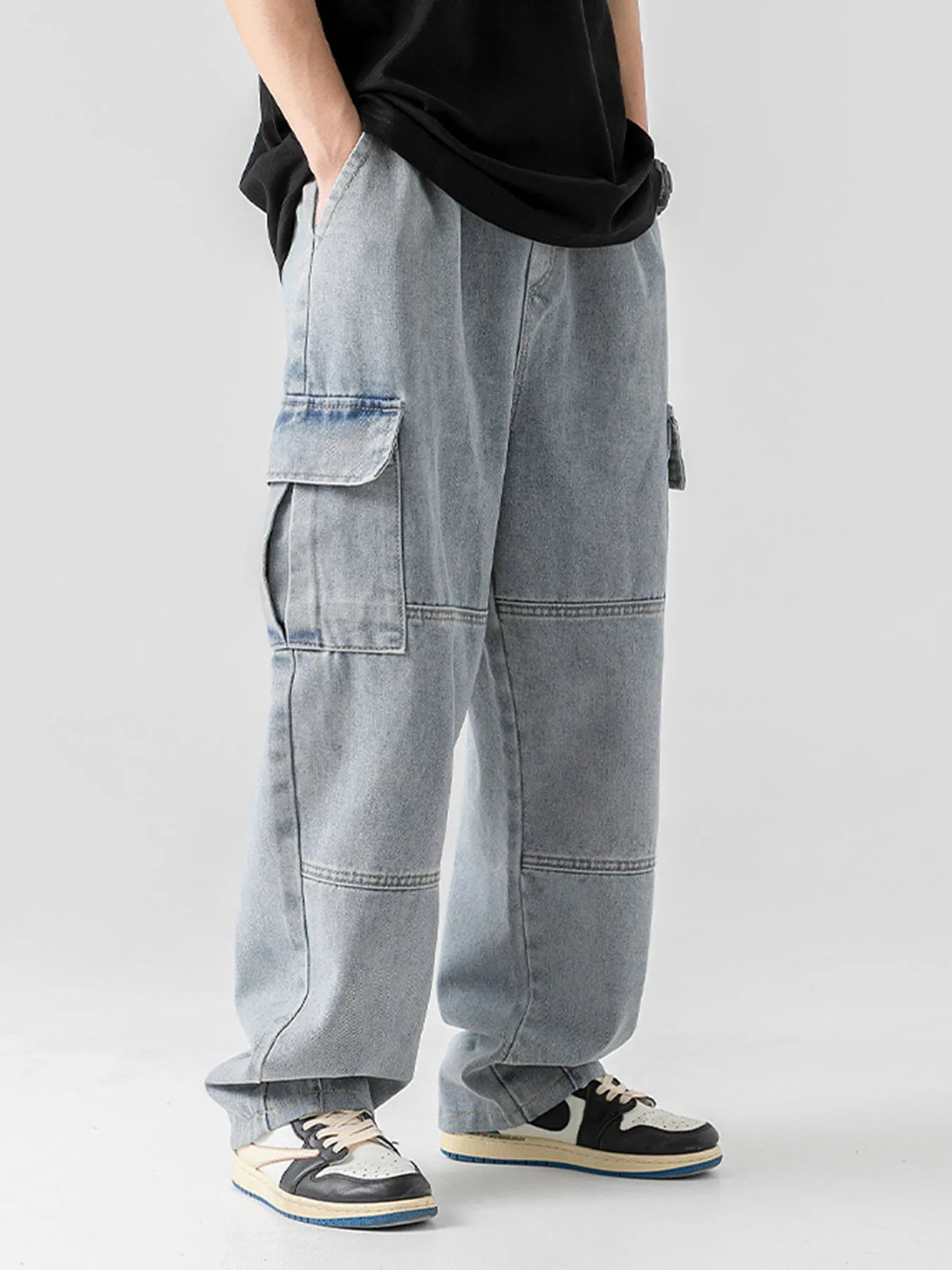 Men's Concerts Streetwear Hip Hop Dance Party Loose Elastic Waist Loose Fit Denim Cargo Joggers Pants Jeans Leisure Trousers