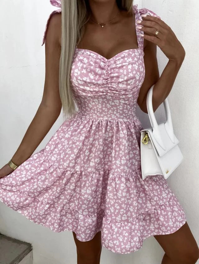 Summer Fashion Flower Print Waist Pleated Dress For Women Y2k Casual Vacation Beach Sundress Spaghetti Strap Mini Dress Female