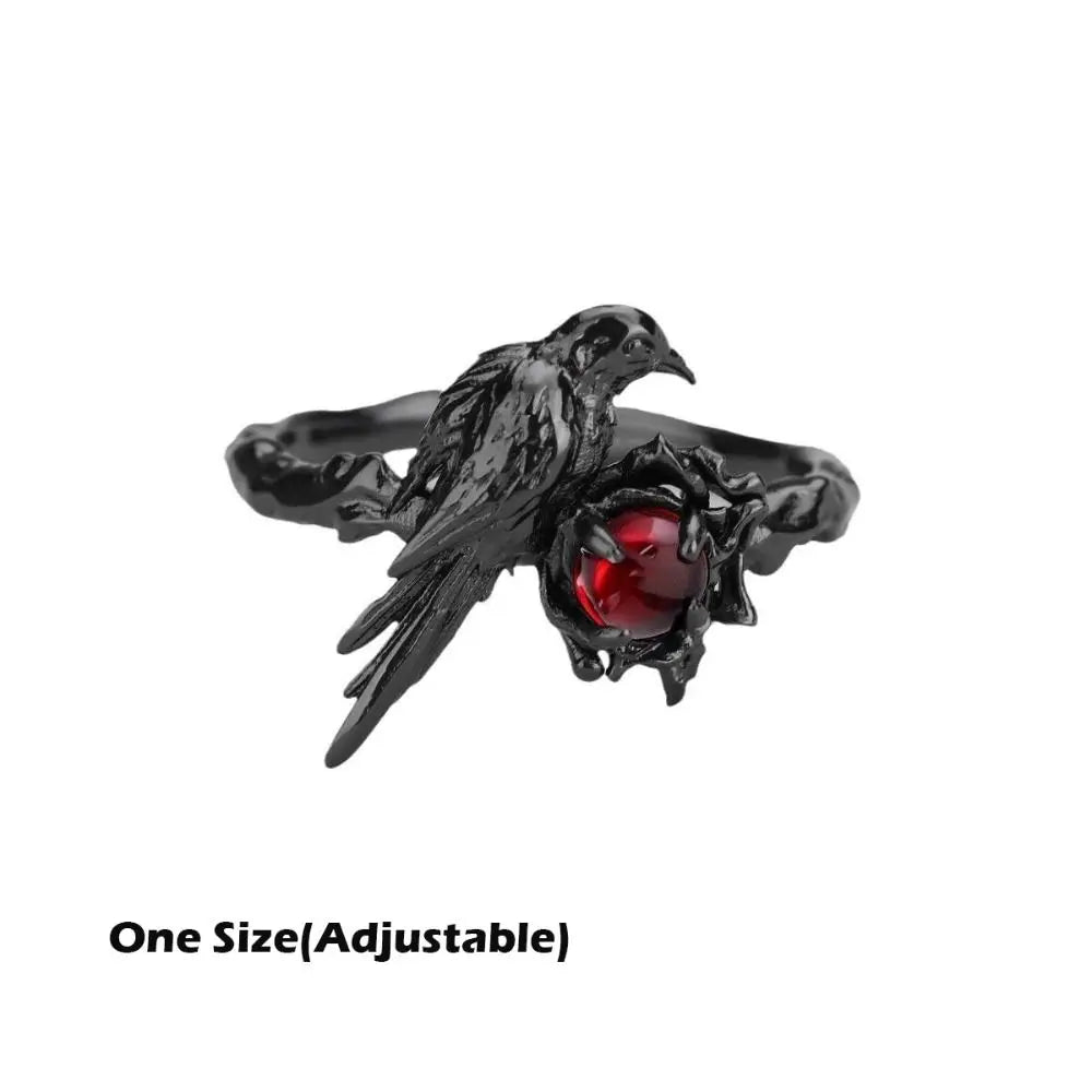 Black Raven Ring Gothic Horror Handmade Artisan Rings Promise Red Cubic Zirconia Adjustable Rings Jewelry Gift for Women Men
