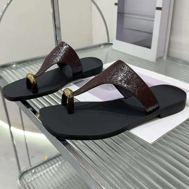 Summer Wearing Outside Clipped Toe Slippers Leisure Women Korean Style Versatile Solid Color Cow Split Leather Flip Flops