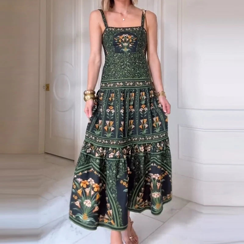 Spring Summer Floral Print Pleated Long Dress Women Sexy Slash Neck Backless Suspen Dress New Ladies Sleeveless Loose Boho Dress