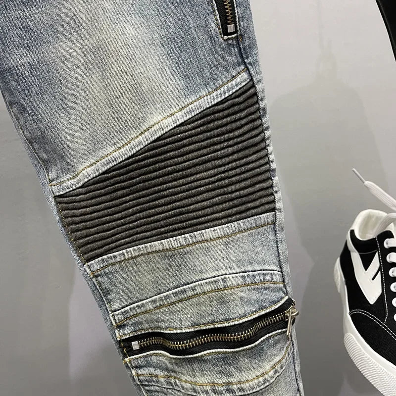 Zippered Slim Fit Men's Jeans Straight Leg Blue Vintage Distressed Casual Trendy Spring Autumn Lightweight Pants