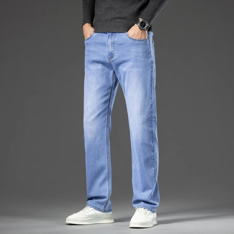 Autumn Men's Dark Blue Straight-leg Brand Jeans Classic Style Business Casual Cotton Stretch Denim Pants Male Plus Size 40 42 44