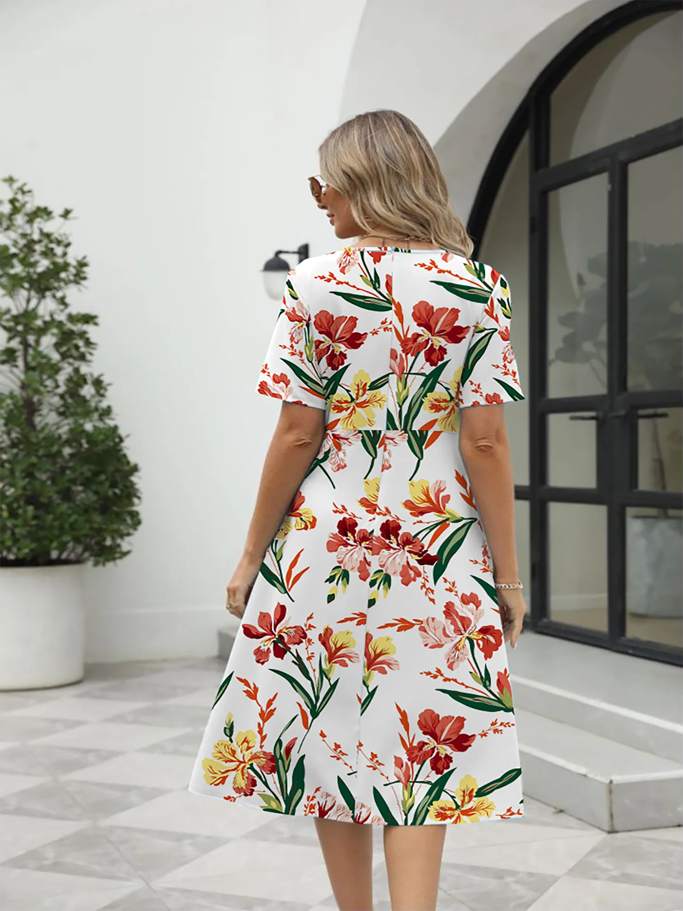 2025 summer new! Ladies fashion elegant printed crew neck short sleeve zipper dress for EU-USA summer