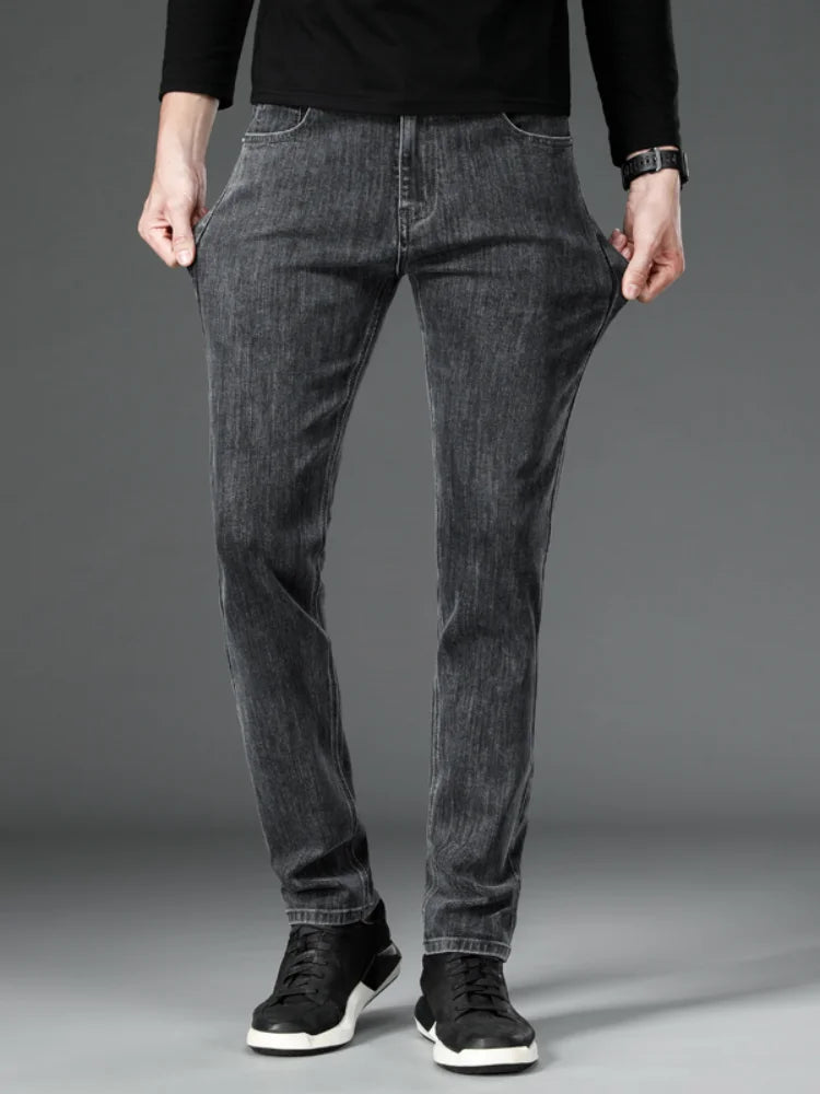 2025 New Autumn Men's Stretch Slim Jeans Straight Leg Casual Denim Trousers Male Business High Quality Classic Blue Gray Black