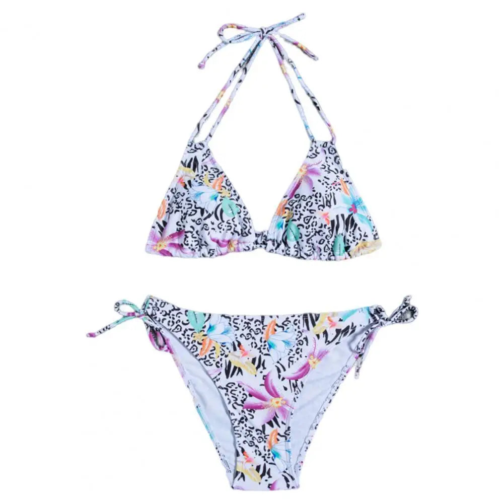 1 Set Women Swimsuit Padded Three-point Stretchy Beautiful Floral Print Bikini Set for Swimming Pool