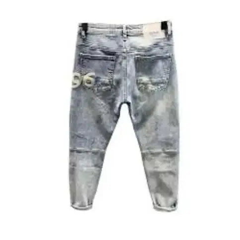 Men's Retro Jeans Casual Spring Autumn Slim Pencil Pants Vintage Distressed Motorcycle Stitching Embroidery Washed Skinny Jeans