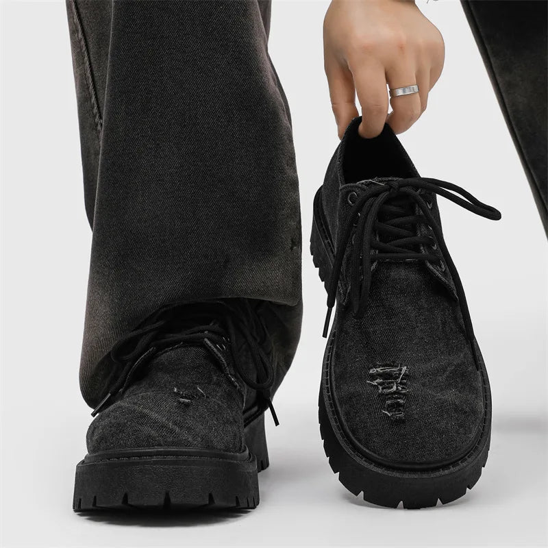 Men's Distressed Denim Derby Shoes Chunky Grunge Platform Boots Avant-Garde Bulky Toe Niche Streetwear Footwear for Trendy Youth
