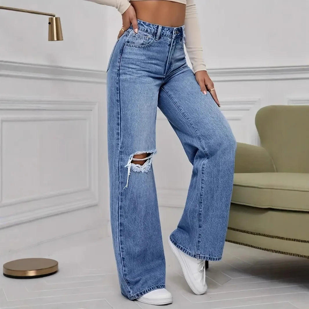 Hole Jeans Women Denim Wide Leg Pants Vintage Distressed Ripped Trousers 2025 Streetwear High Waist Washed Pockets Floor Length
