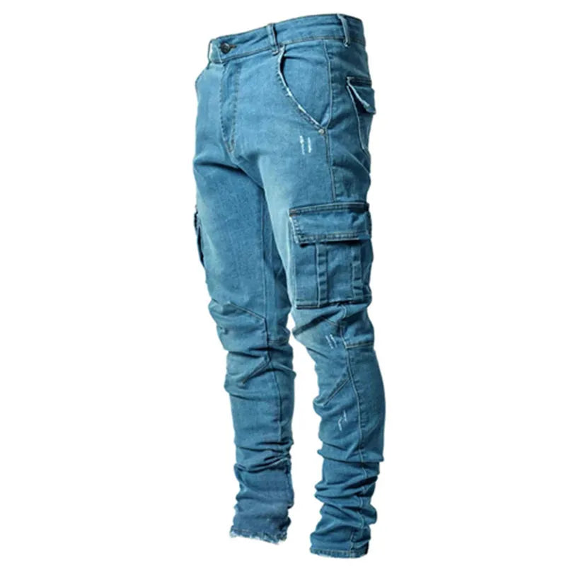 2025 New Men Street Elastic Denim Brand Jeans Narrow Legs Multi Pockets Cargo Pants Casual Slim Fit Daily Wear Joggers Mid Waist