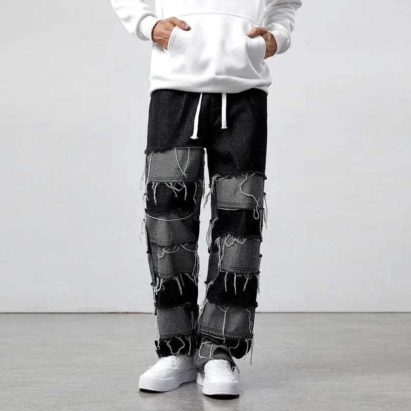 European and American New Style Whiskered Spliced Long Pants, Fashionable Men's Simple and Versatile Straight-leg Jeans.