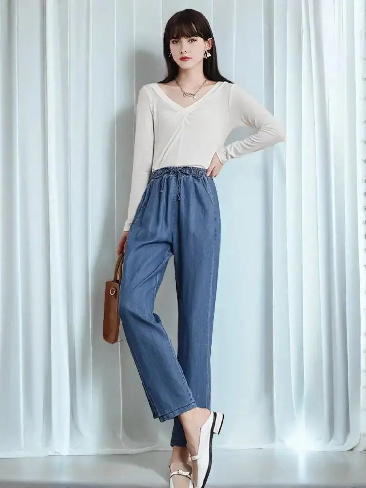 New 2025 Spring Summer Denim Jeans For Women Blue Or Sky Blue Color High Elastic Waist Wild Denim Pants Trousers Hot Sale