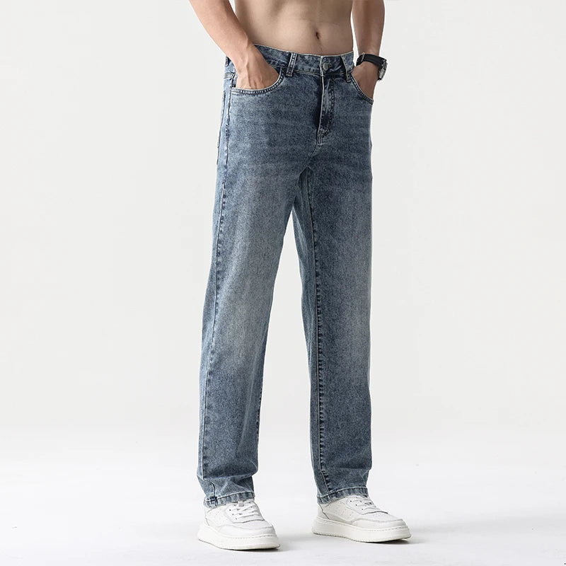 2025 high quality Jeans Men Baggy Pants Summer Straight Cut Loose Retro Blue Denim Pants Streetwear Fashion Pockets Vintage Man