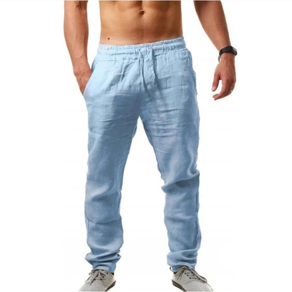 Men's Lightweight Long Pants Summer Solid Color Breathable Loose Trousers Male Elastic Waist Casual Pants Harajuku Trousers