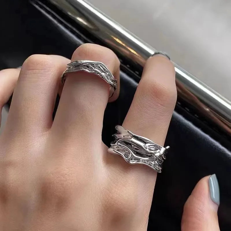Gothic Irregular Gemstone Ring Aesthetic Girls Adjustable Black Stone Ring Women's Liquid Punk Ring Vintage Jewelry Accessories
