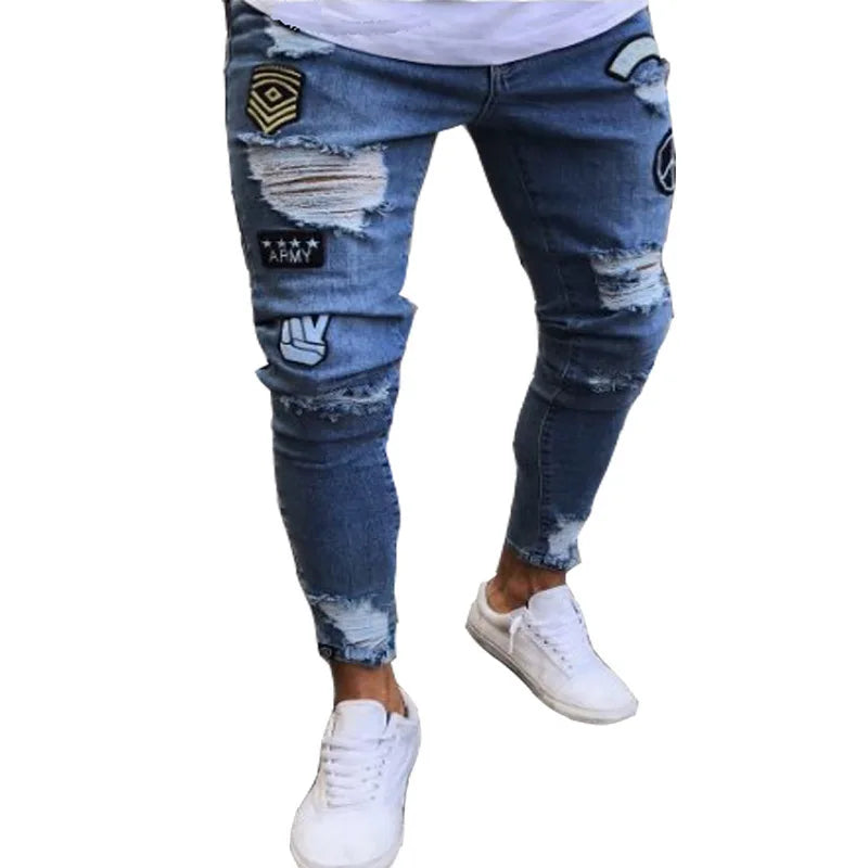 Mens Stretchy Ripped Skinny Embroidered Jeans Men's White Pants Destroyed Hole Slim Fit Denim High Quality Hip Hop Men trousers