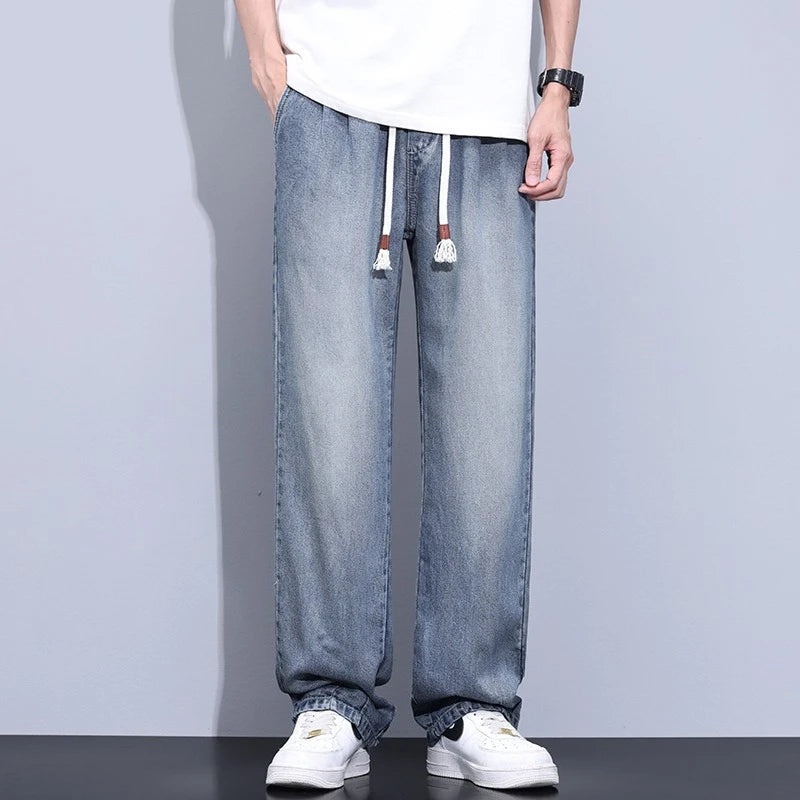 Elastic Waist Fashion Loose Jeans Men Spring Summer Thin Lyocell Classic Straight Denim Pants Casual Stretch Jogging Trousers