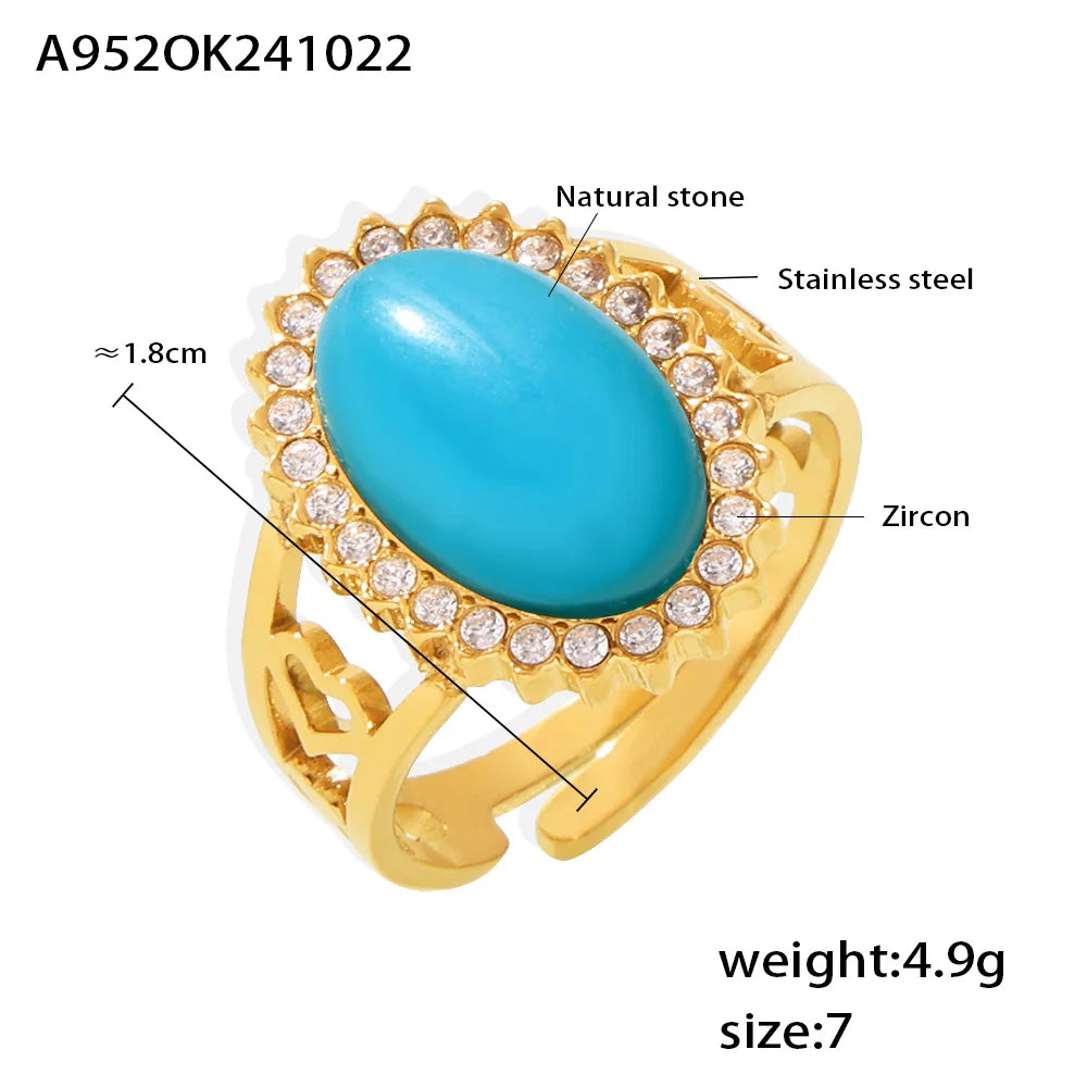 Oval Blue Red Stone Ziron Stainless Steel Rings For Women Gold Plated Waterproof Adjustable Ring Charm Luxury Jewelry