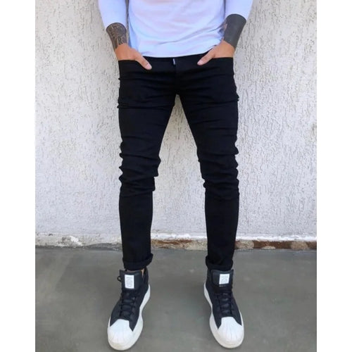 Spring Autumn New Black Stretch Men's Jeans Slim Small Feet Casual Simple Solid Color Male Skinny Denim Trousers Streetwear
