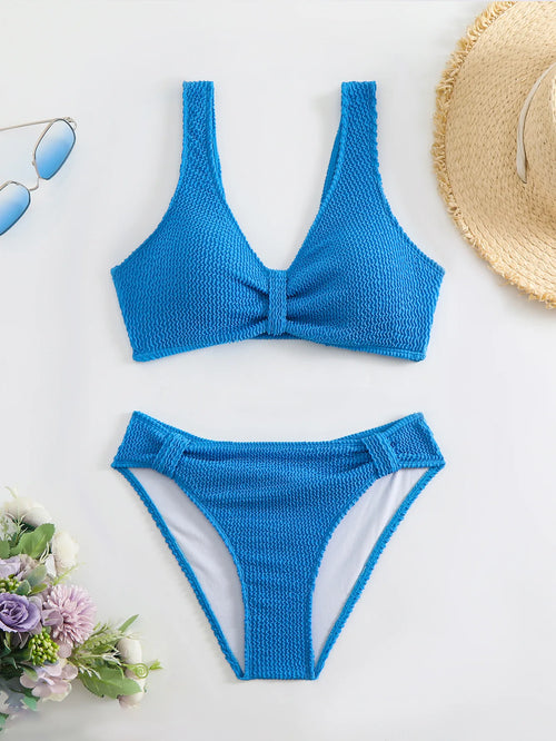 Summer New Women's 2 Piece Swimsuit Solid Color High Waist Bikini Set V-neck Backless Beach Vacation Bathing Suit Swimwear