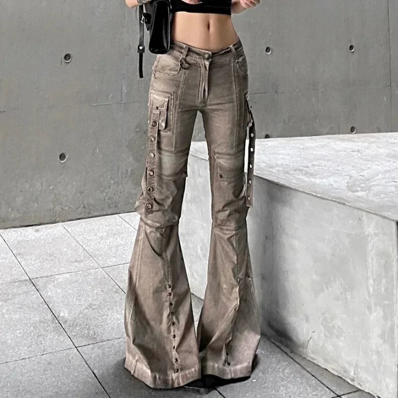 American Style Brown Workwear Jeans Women's Streetwear Slim Fit Micro Flared Slimming Pocket Trousers For Women