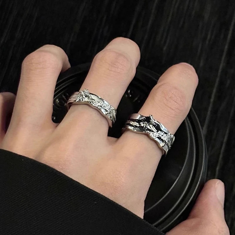 Gothic Irregular Gemstone Ring Aesthetic Girls Adjustable Black Stone Ring Women's Liquid Punk Ring Vintage Jewelry Accessories