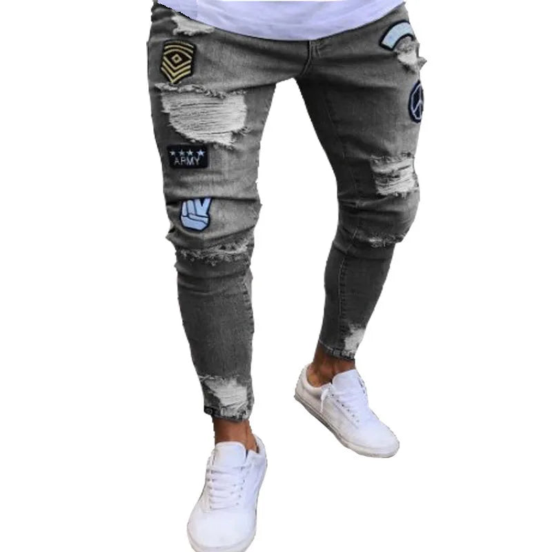 Mens Stretchy Ripped Skinny Embroidered Jeans Men's White Pants Destroyed Hole Slim Fit Denim High Quality Hip Hop Men trousers